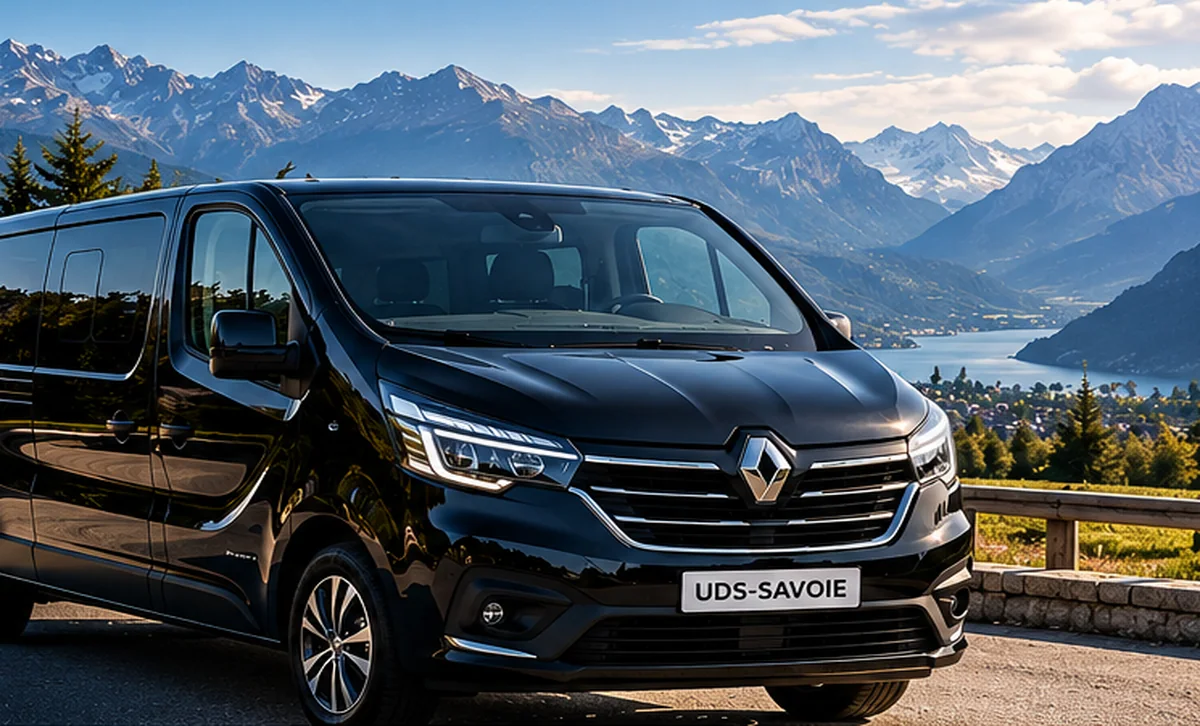 Renault Trafic noir sur une route alpine de Savoie – illustration d'ambiance